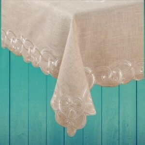 SARO Embroidered Scallop Design Natural Linen Blend Tablecloth Square 67" New